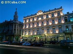 Façade of Inglaterra Hotel. Night view